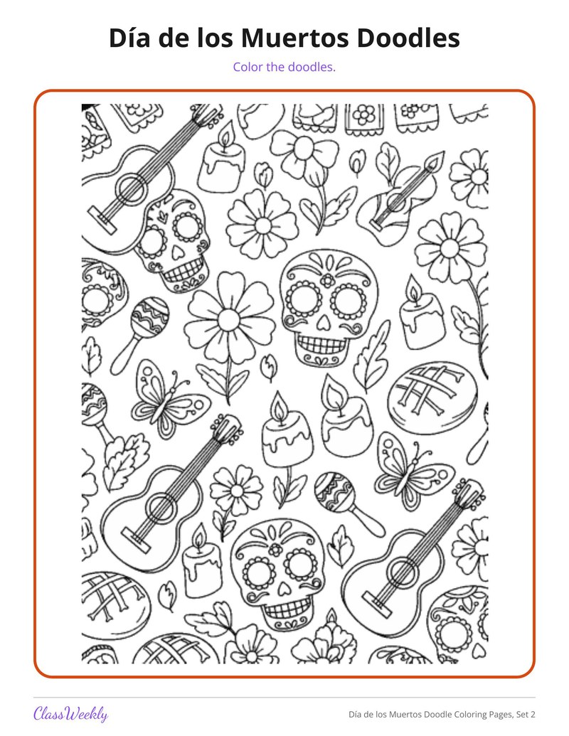 Colouring Imagea Día de los Muertos Doodle Coloring Pages, Set 2 (K-5)