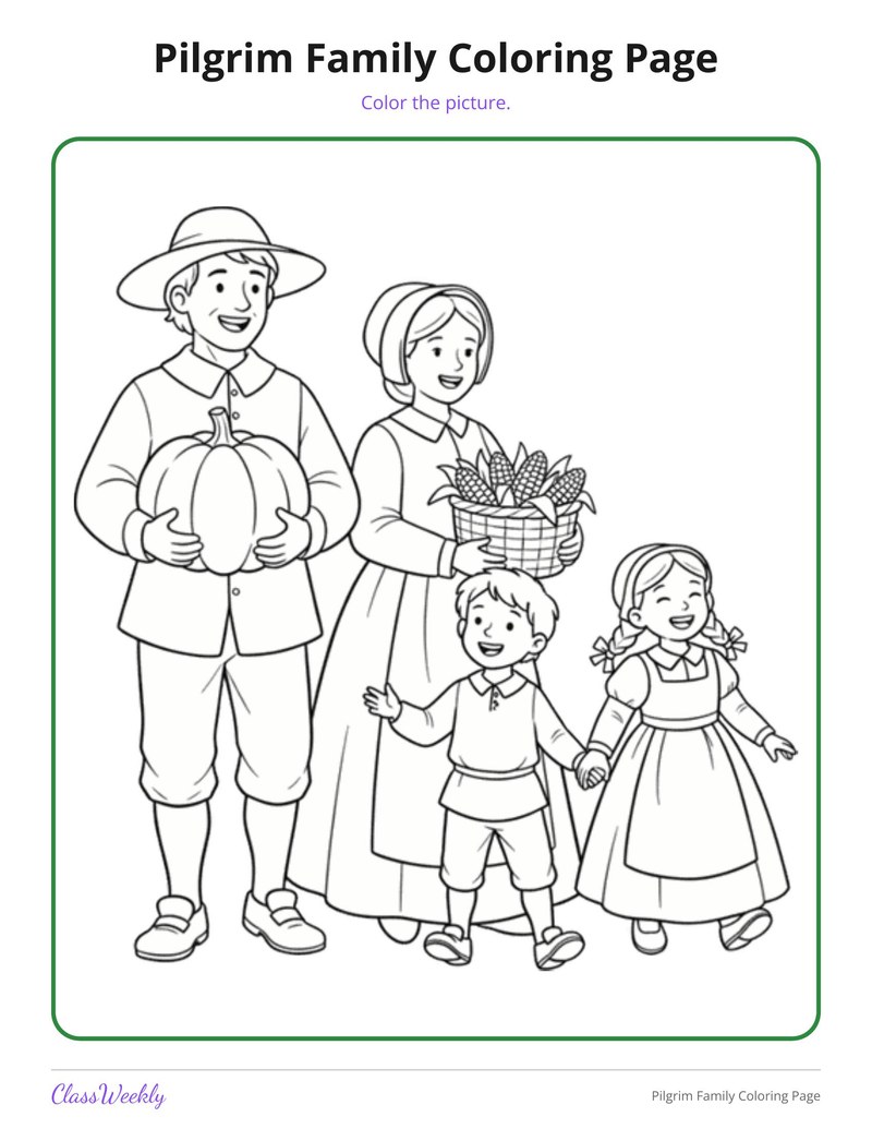 Colouring Imagea Pilgrim Family Coloring Page (Pre-K-2)