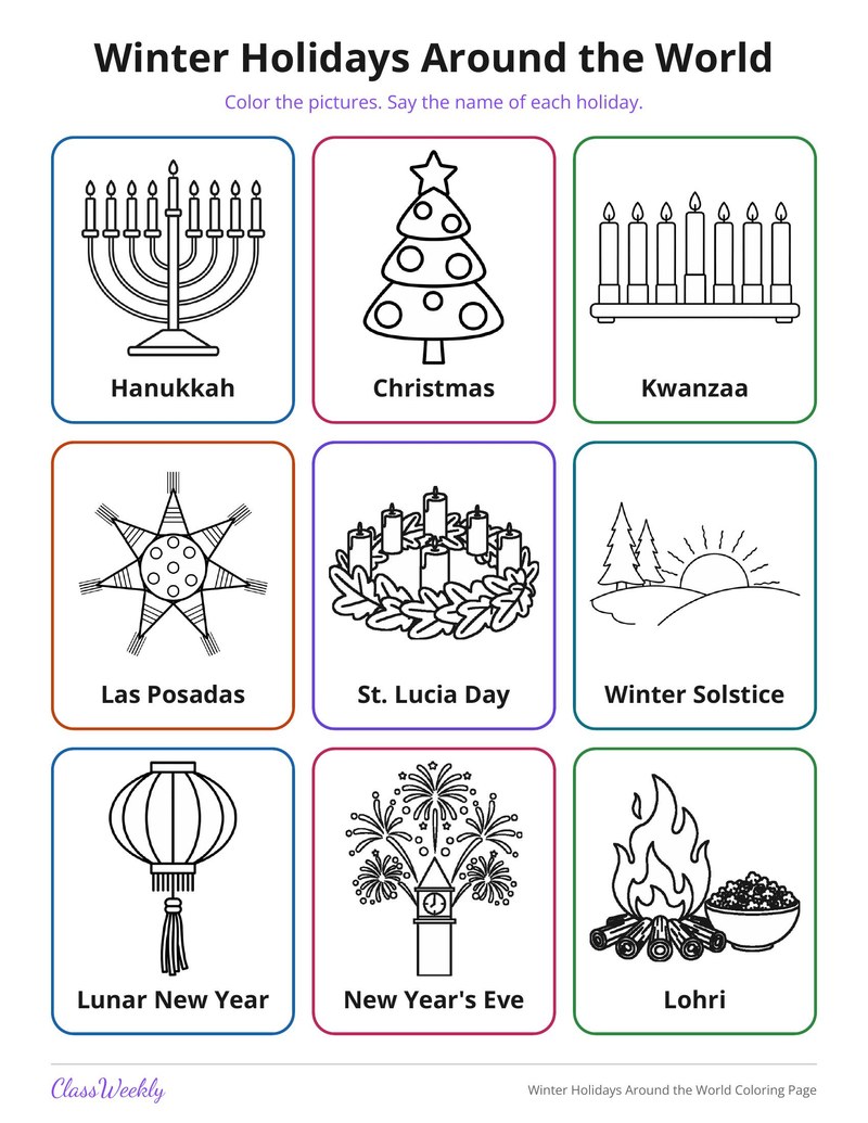 Winter Holidays Around the World Coloring Page