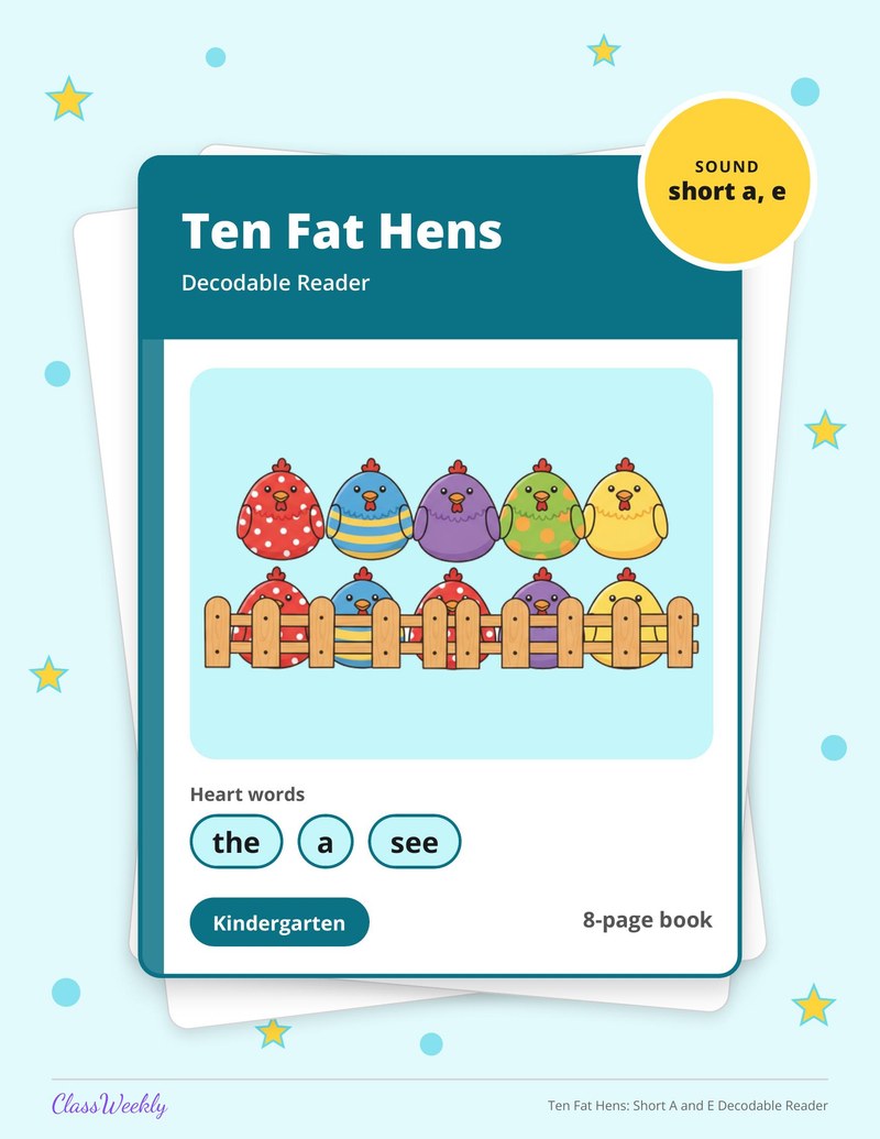 Ten Fat Hens: Short A and E Decodable Reader - Page 1