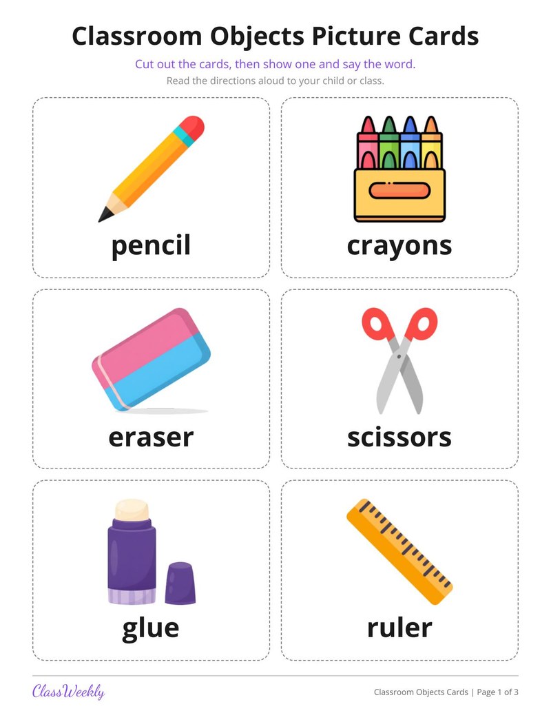 Classroom Objects Picture Cards for English Learners