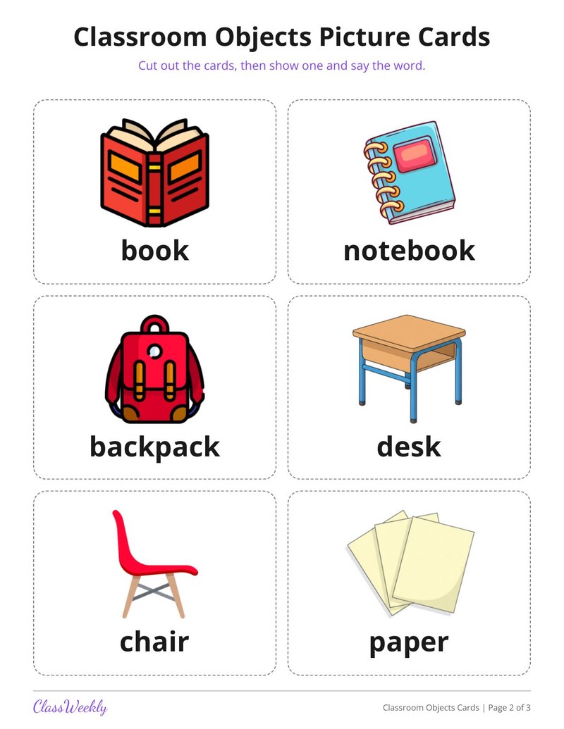 Classroom Objects Picture Cards for English Learners