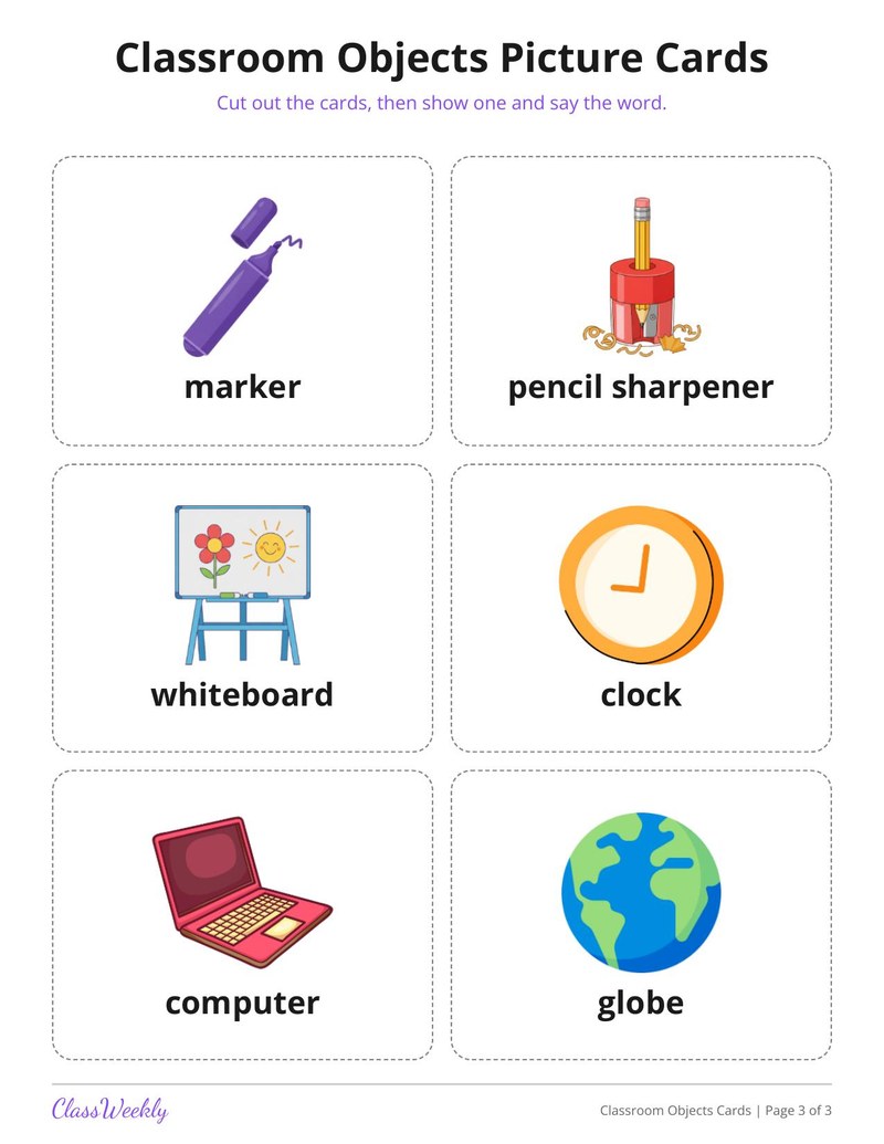 Classroom Objects Picture Cards for English Learners