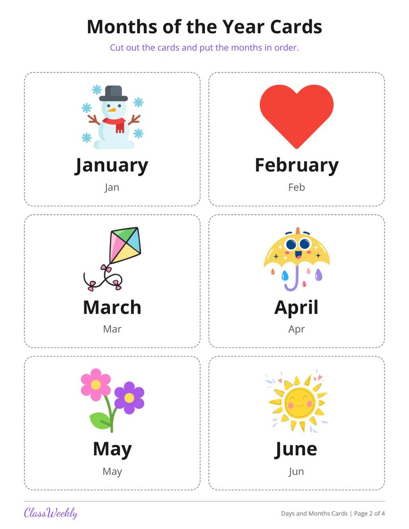 Days and Months Cards for English Learners - Page 3