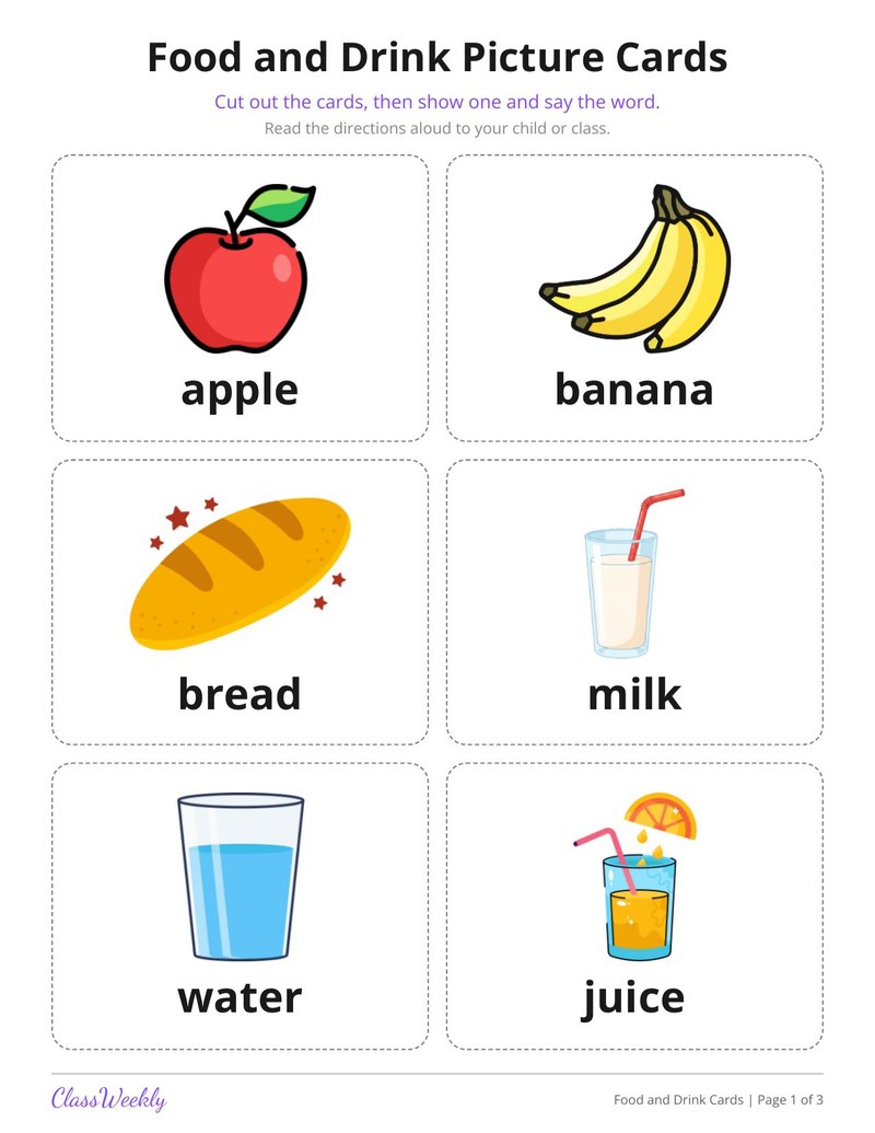 Food and Drink Picture Cards for English Learners
