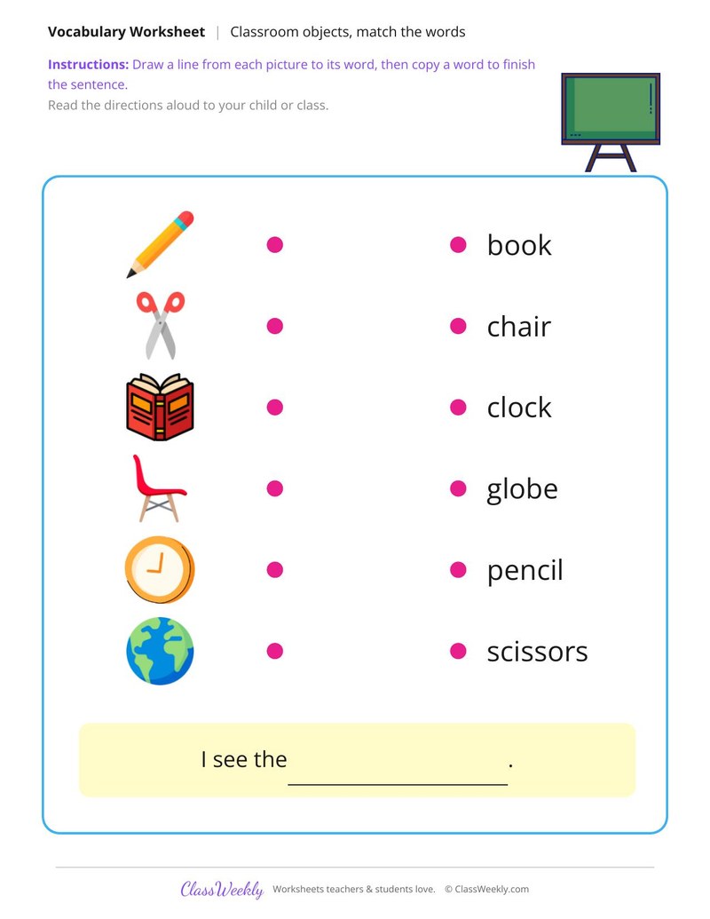 Match the Words: Classroom Objects