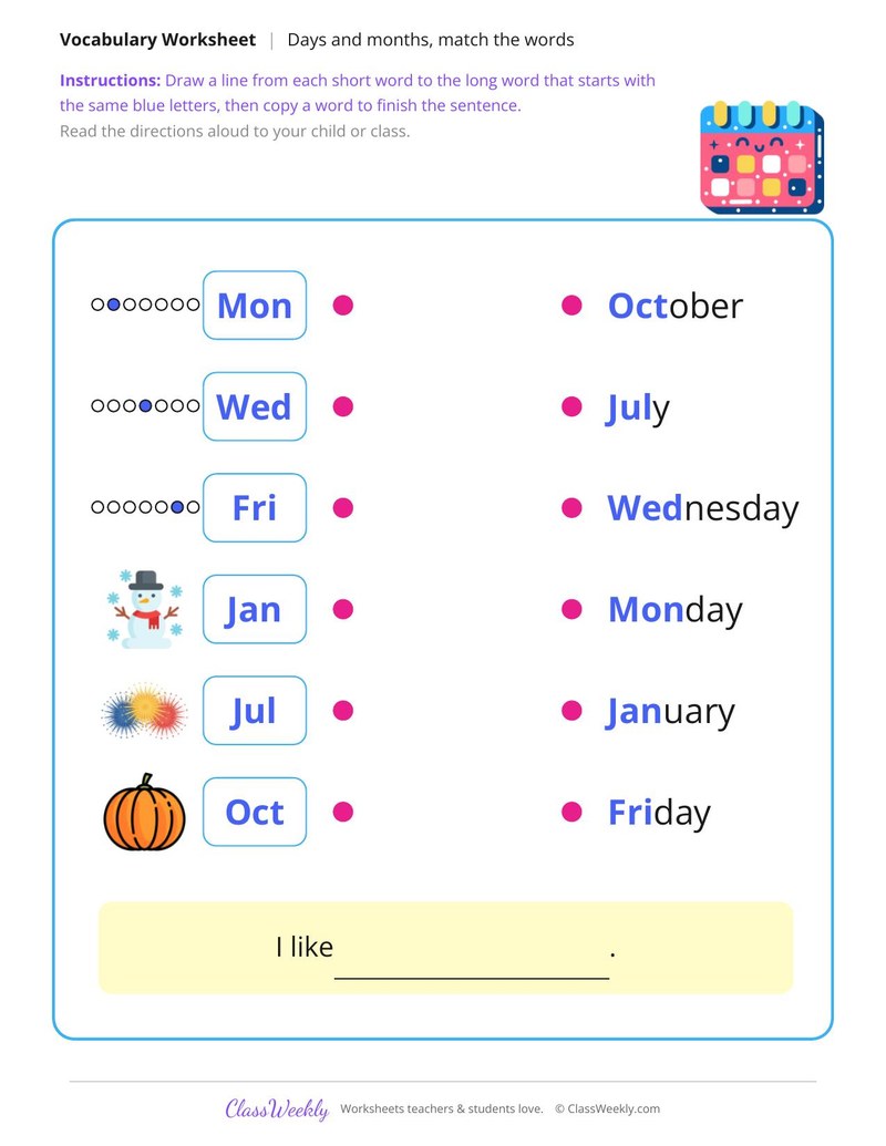 Match the Words: Days and Months