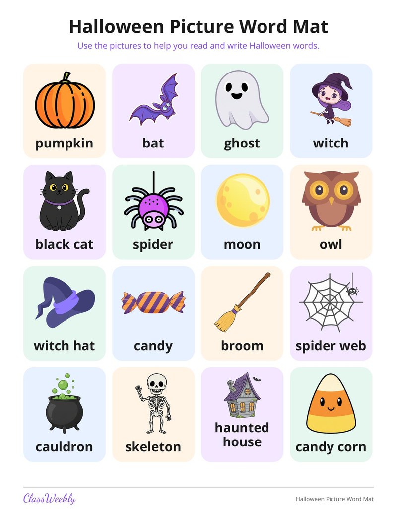 Halloween Picture Word Mat for English Learners