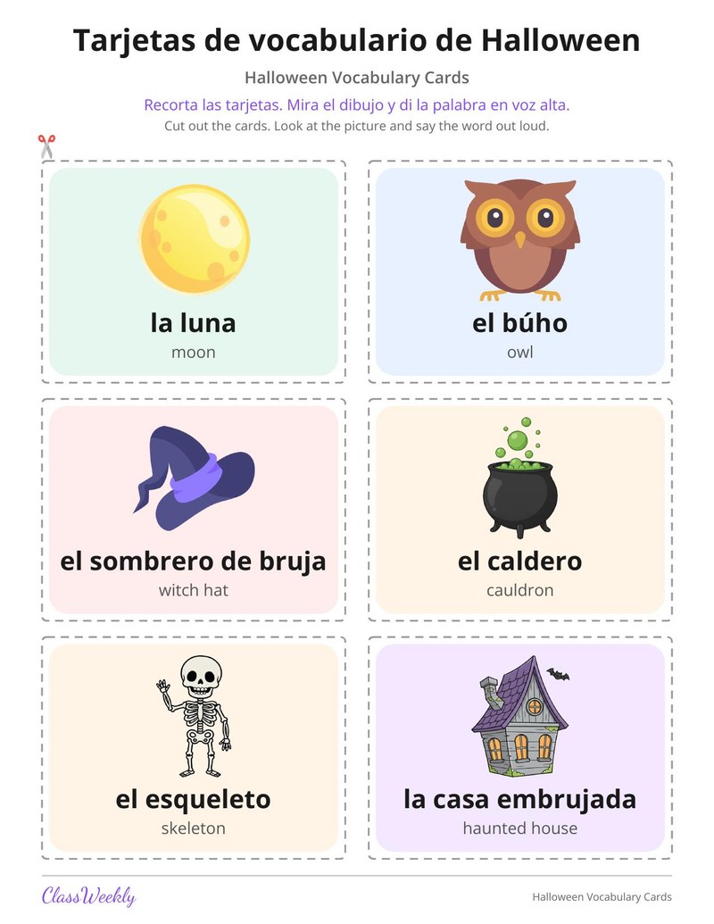 Spanish Halloween Vocabulary Cards (Tarjetas de vocabulario)
