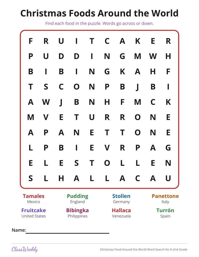 Christmas Food Around the World Word Search for K-2nd Grade