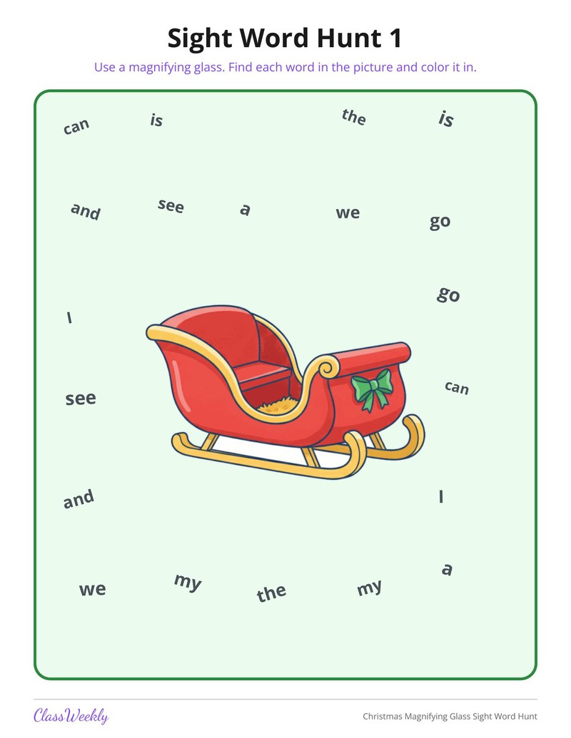 Christmas Magnifying Glass Sight Word Hunt - Page 2