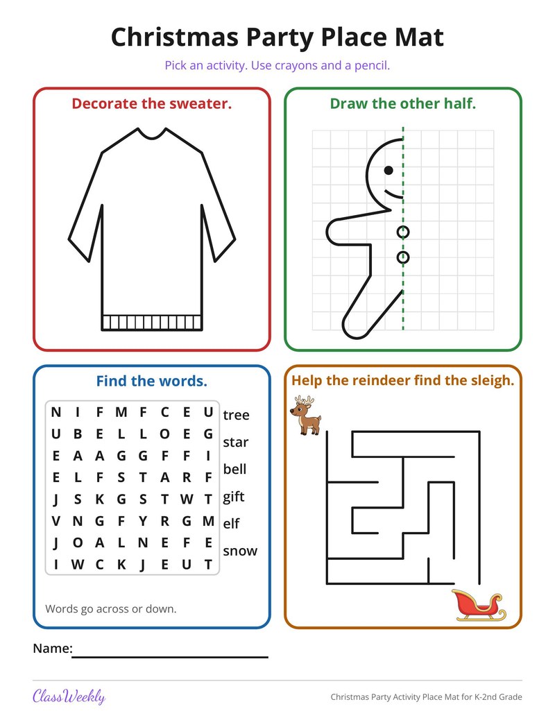 Christmas Party Activity Place Mat for K-2nd Grade