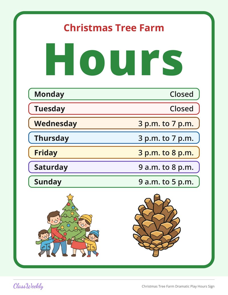 Christmas Tree Farm Dramatic Play Hours Sign