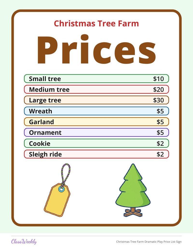 Christmas Tree Farm Dramatic Play Price List Sign
