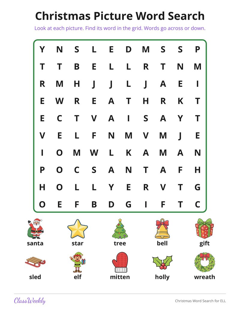 Christmas Word Search for ELL