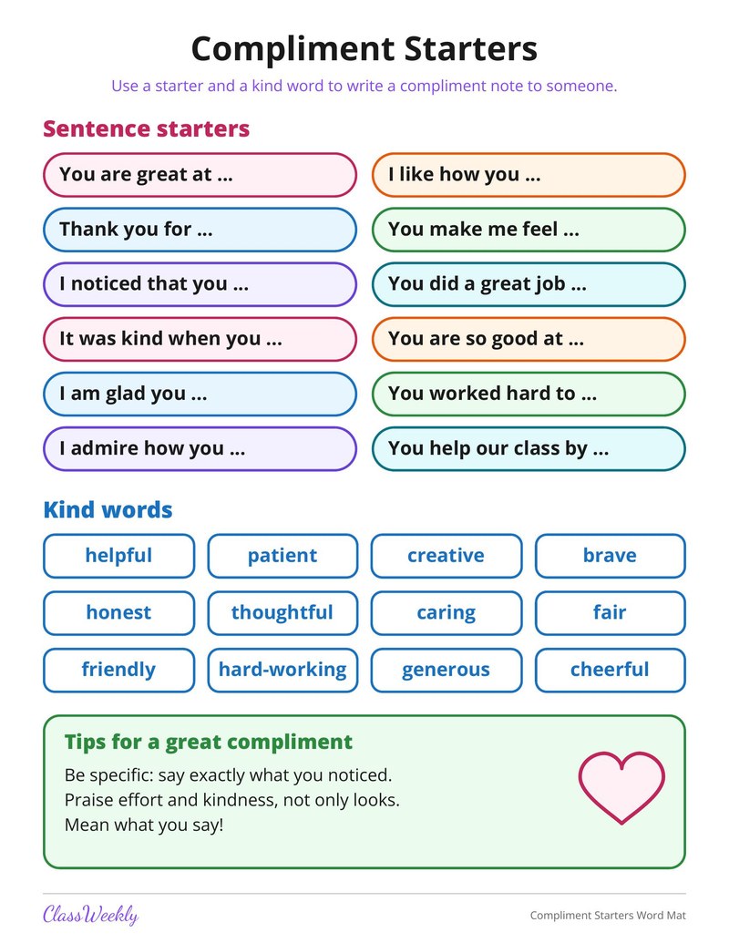 Compliment Starters Word Mat