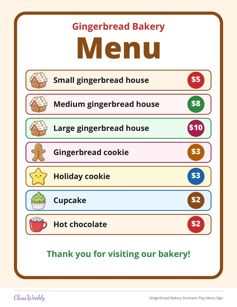 Gingerbread Bakery Dramatic Play Menu Sign