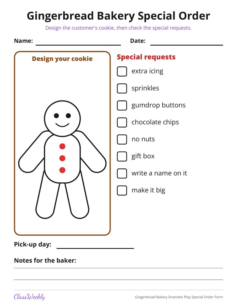 Gingerbread Bakery Dramatic Play Special Order Form