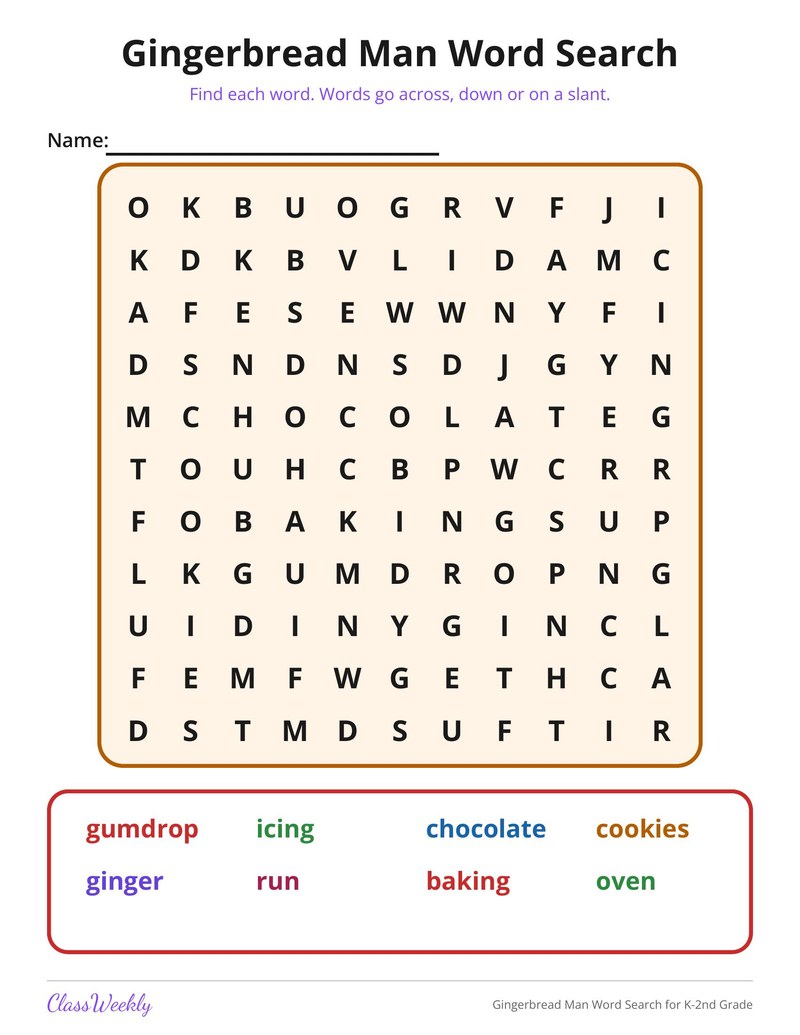 Gingerbread Man Word Search for K-2nd Grade