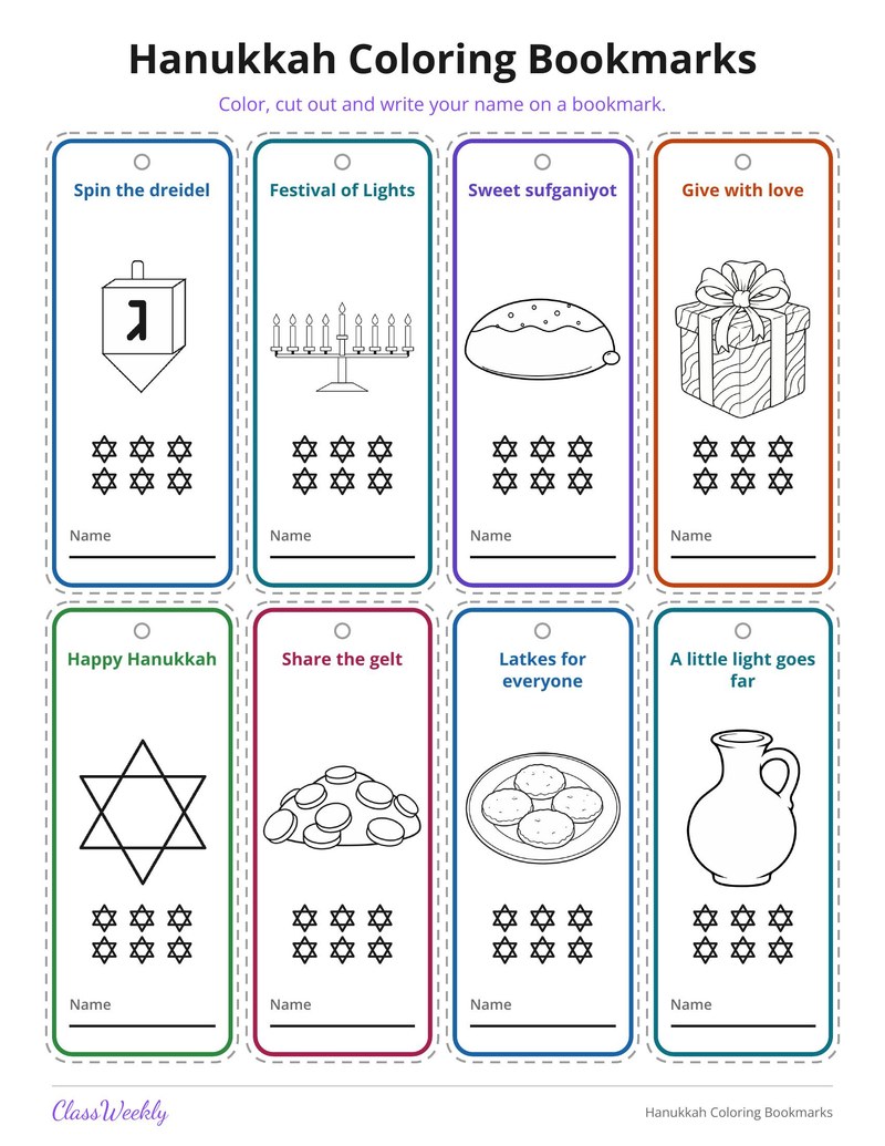 Hanukkah Coloring Bookmarks