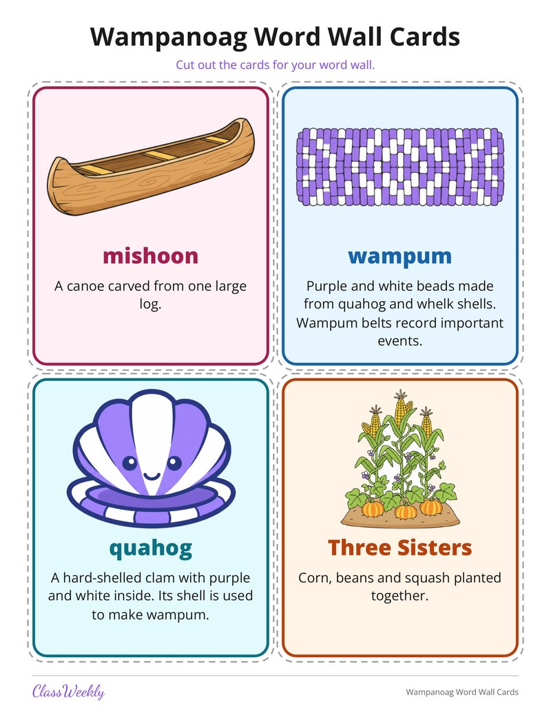 Wampanoag Word Wall Cards