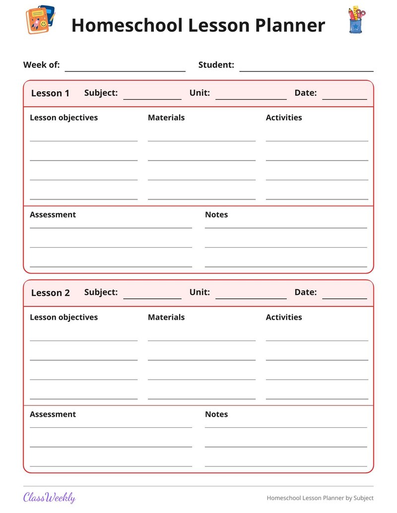 Homeschool Lesson Planner by Subject