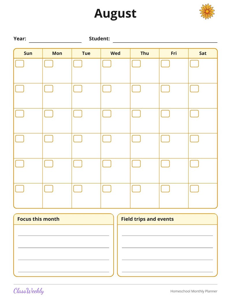 Homeschool Monthly Planner