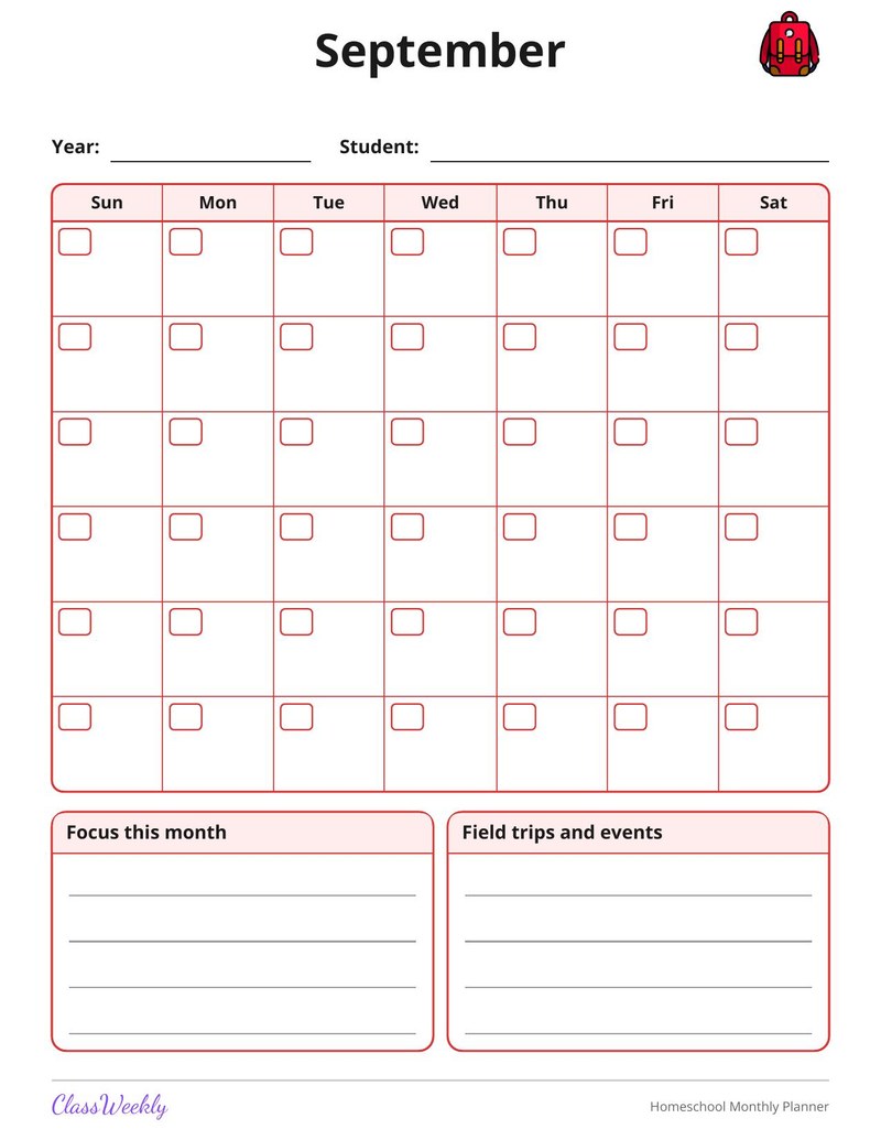 Homeschool Monthly Planner