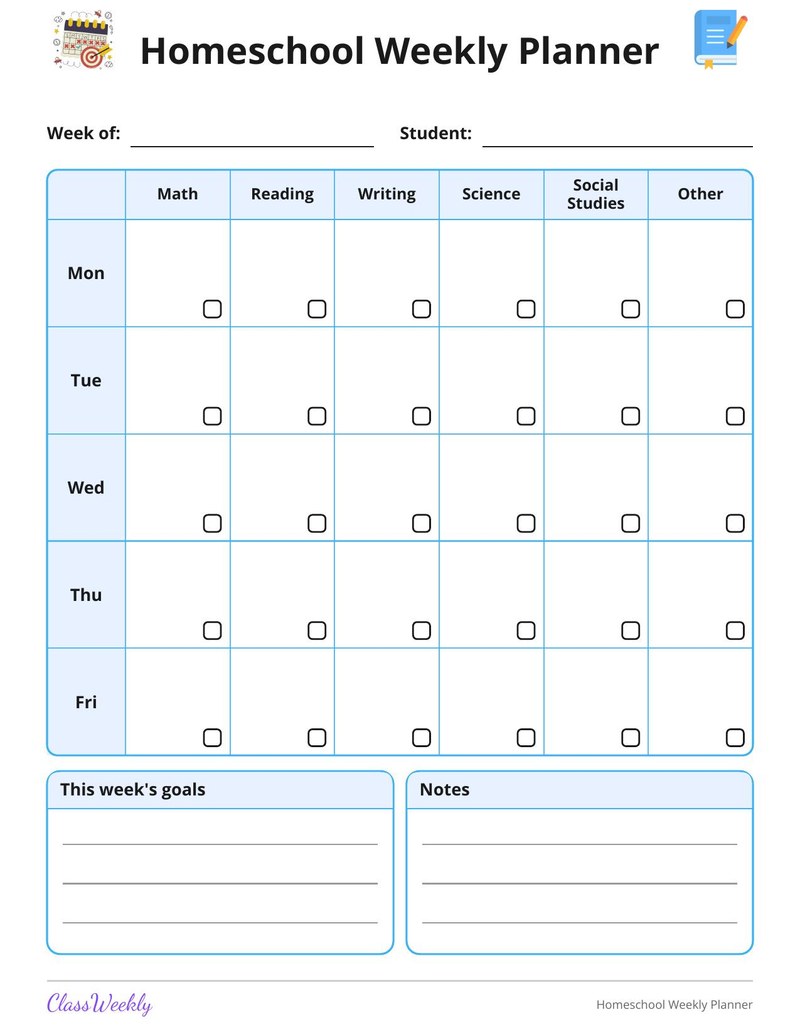 Homeschool Weekly Planner