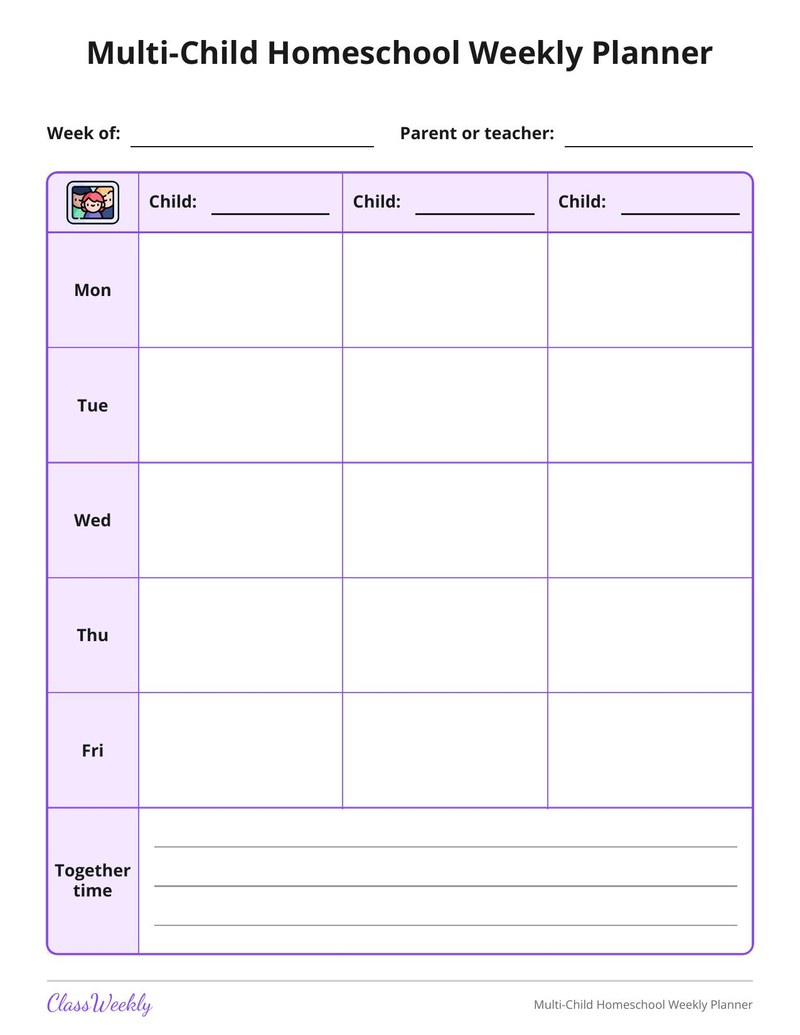 Multi-Child Homeschool Weekly Planner