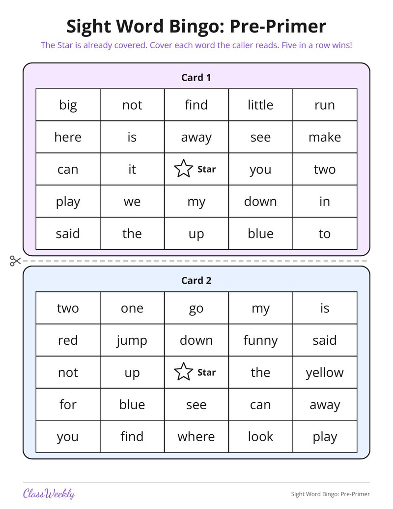 Sight Word Bingo: Pre-Primer