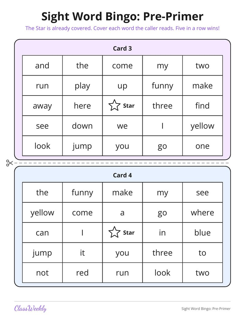 Sight Word Bingo: Pre-Primer