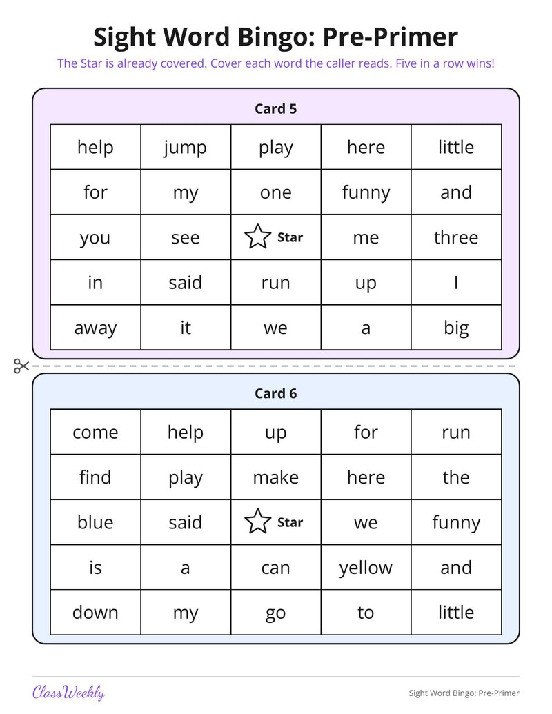 Sight Word Bingo: Pre-Primer