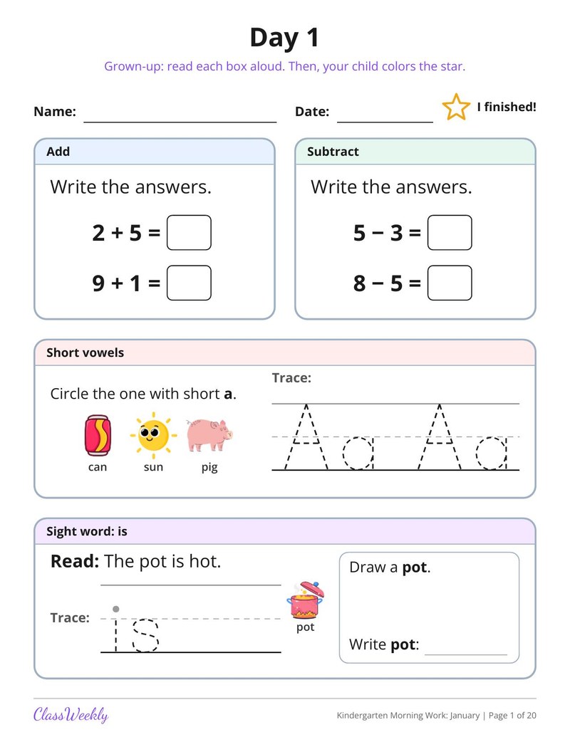Kindergarten Morning Work: January