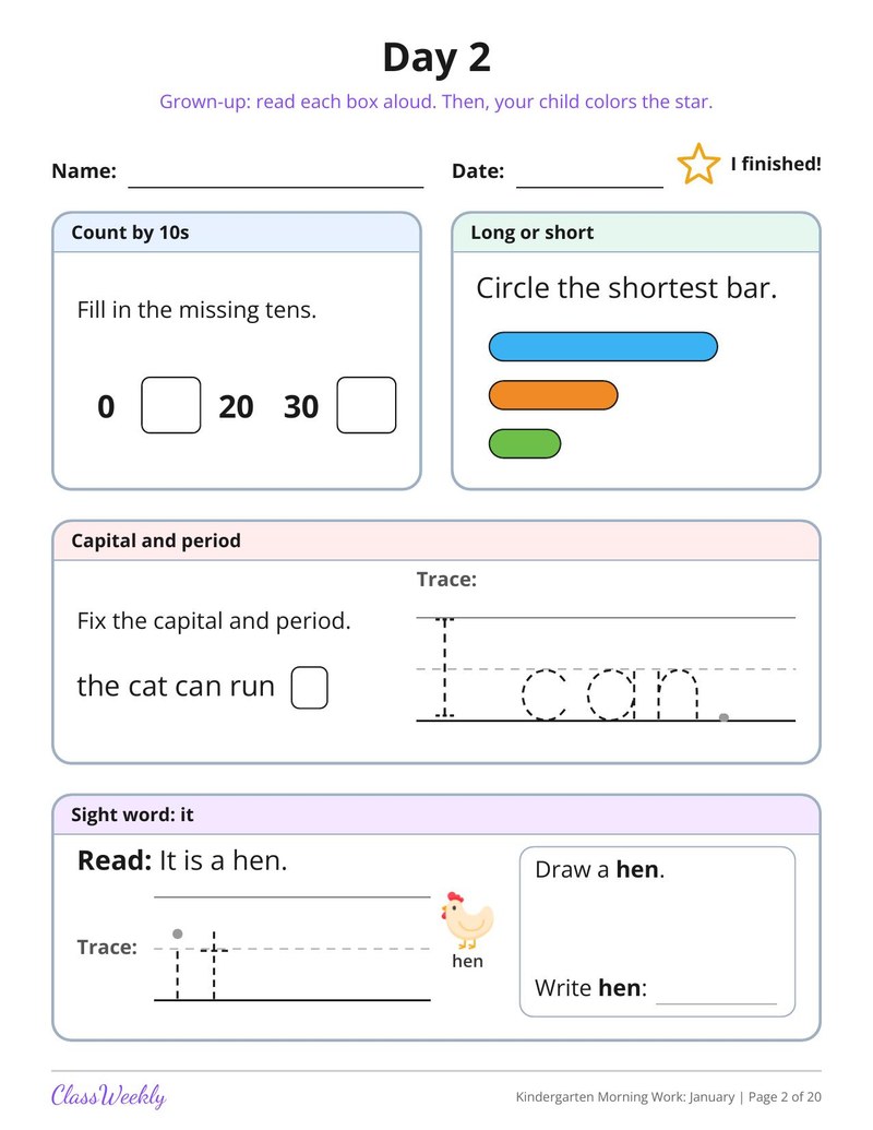 Kindergarten Morning Work: January