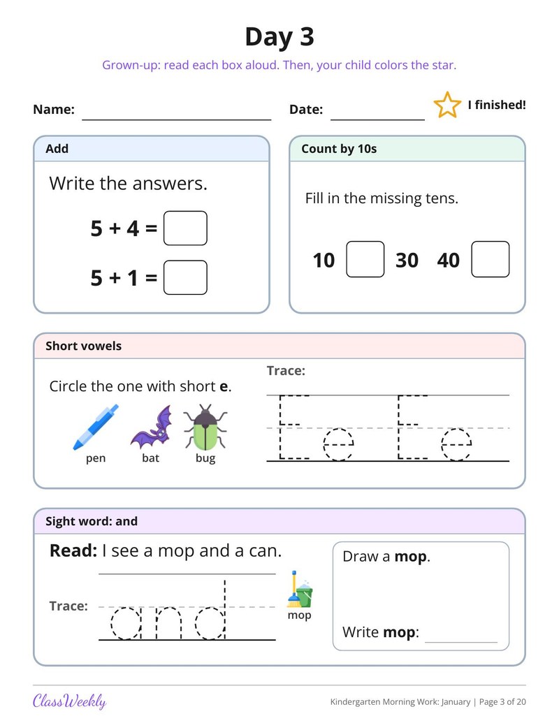 Kindergarten Morning Work: January