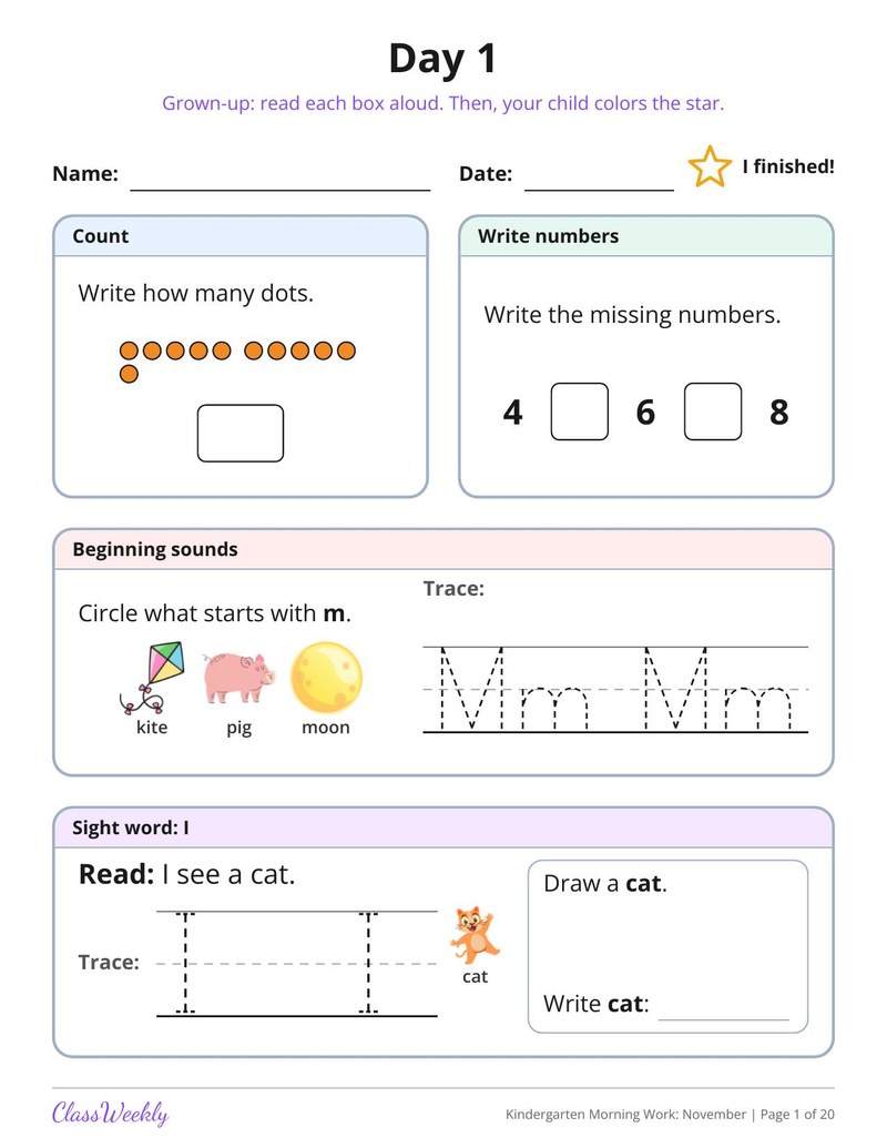 Kindergarten Morning Work: November
