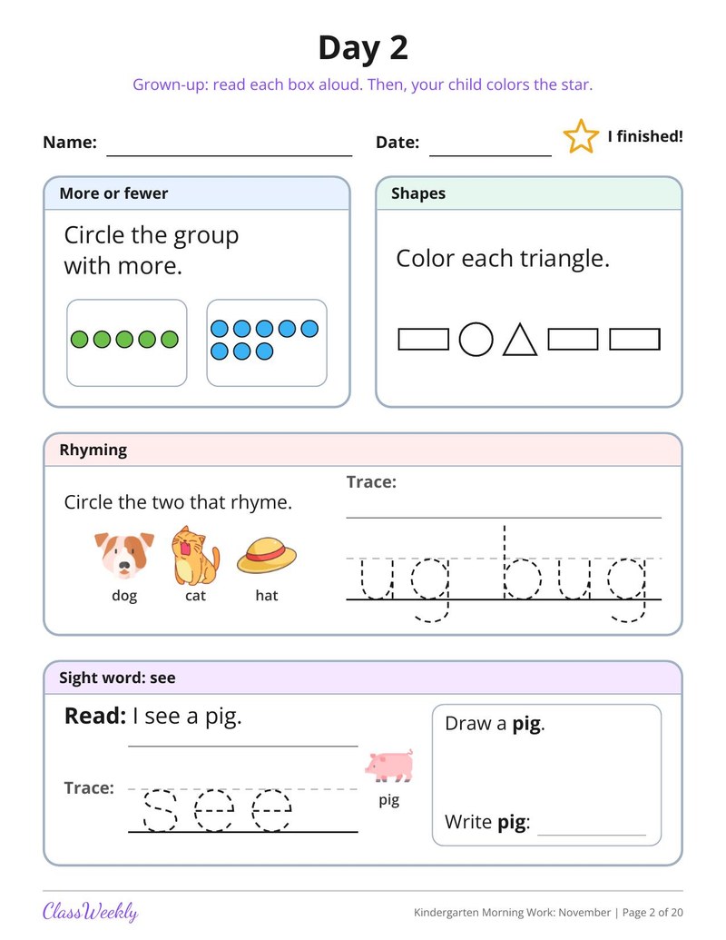 Kindergarten Morning Work: November