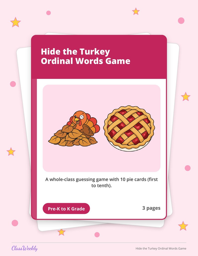 Hide the Turkey Ordinal Words Game - Page 1