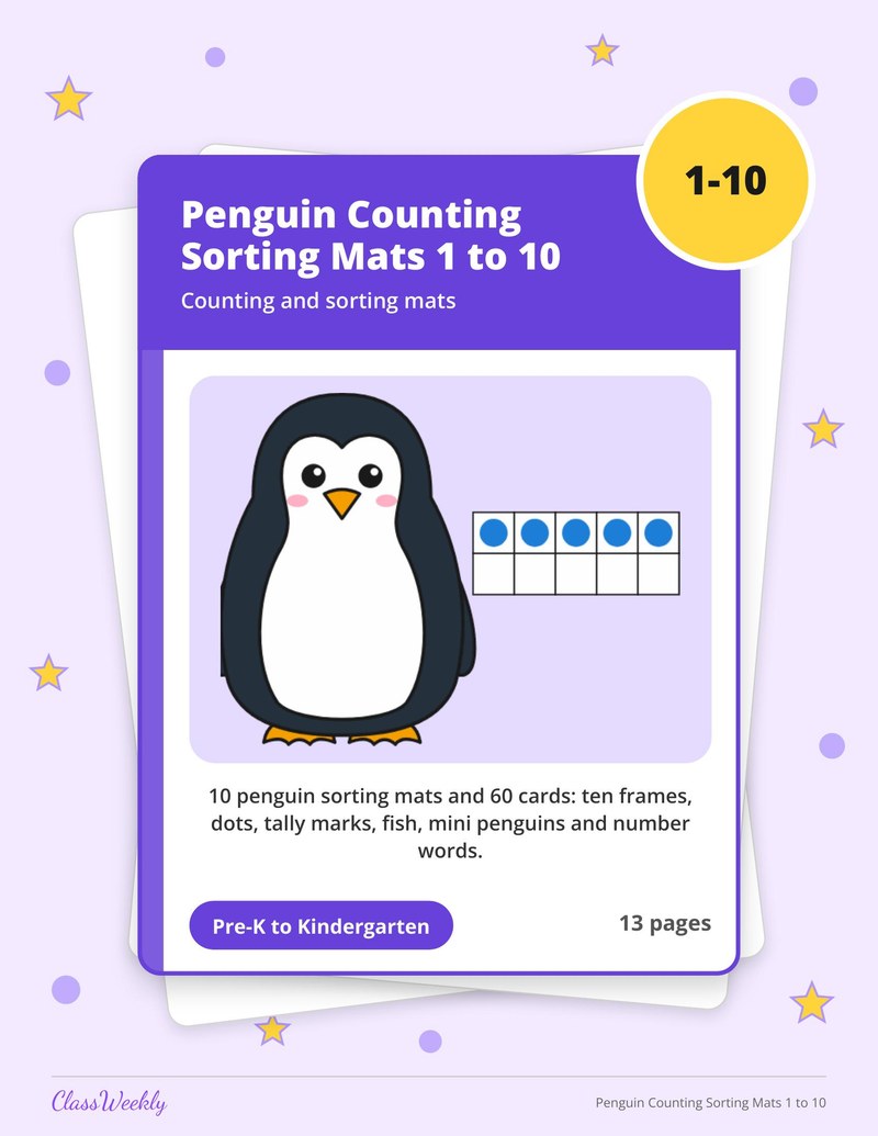 Penguin Counting Sorting Mats 1 to 10 - Page 1