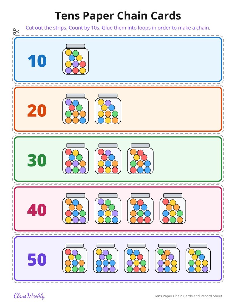 Tens Paper Chain Cards and Record Sheet - Page 2