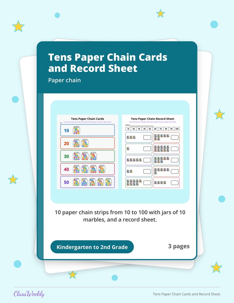 Tens Paper Chain Cards and Record Sheet - Page 1