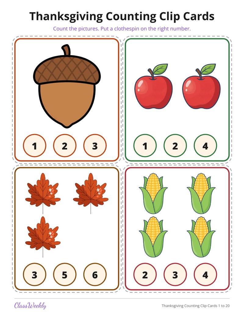 Thanksgiving Counting Clip Cards 1 to 20 - Page 2