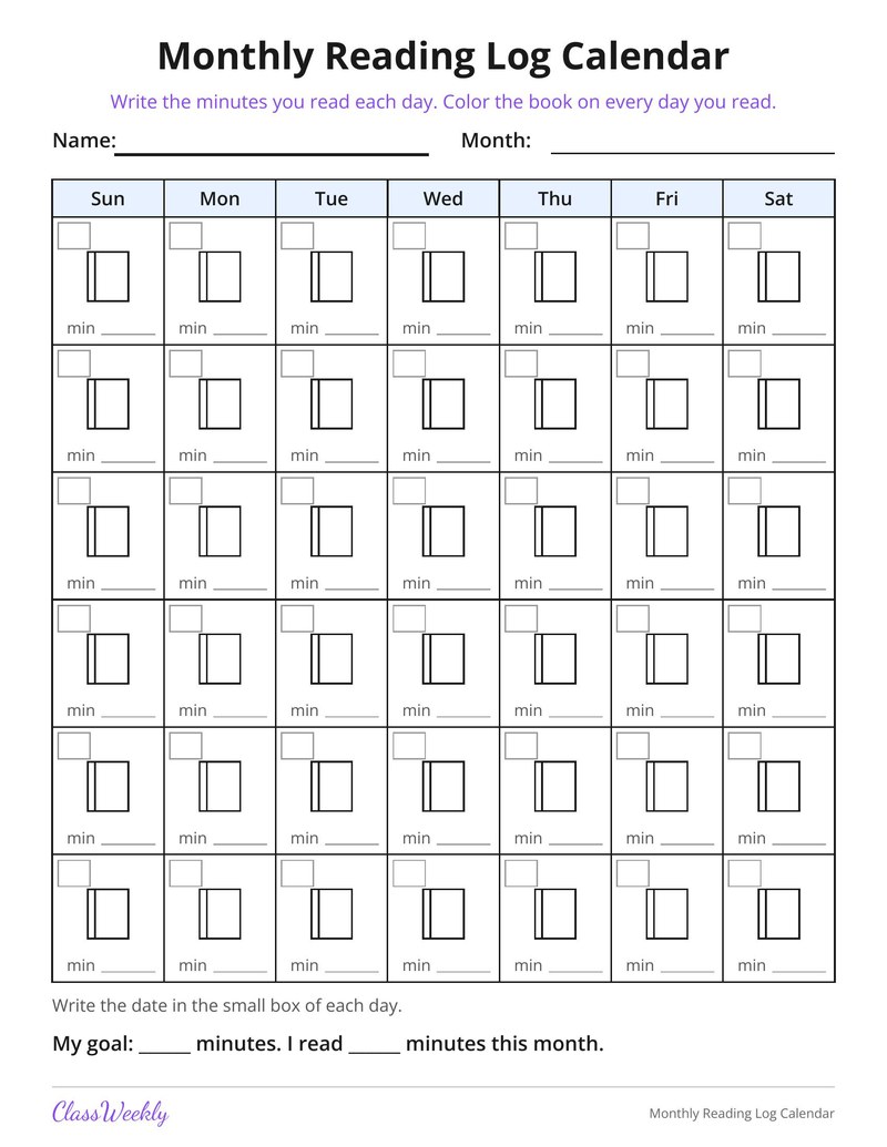 Monthly Reading Log Calendar