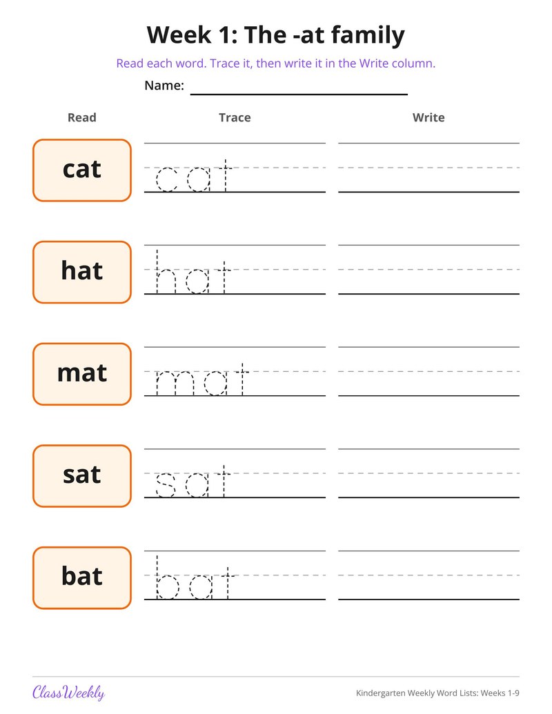 Kindergarten Weekly Word Lists: Weeks 1-9