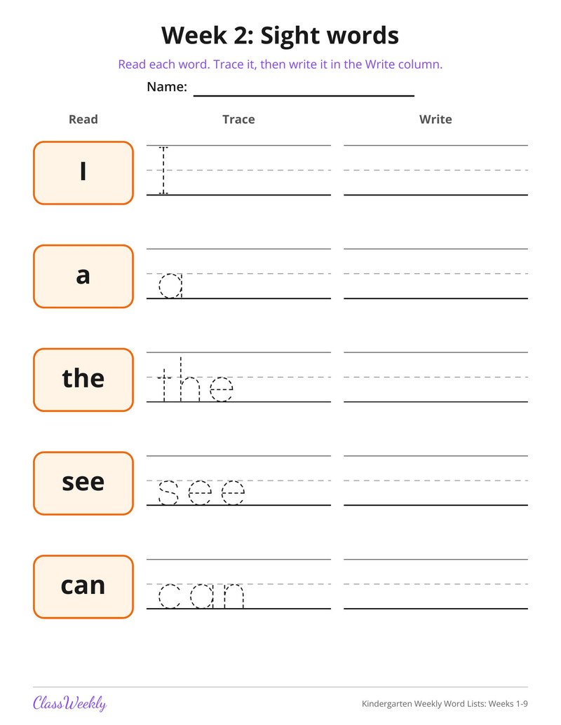 Kindergarten Weekly Word Lists: Weeks 1-9