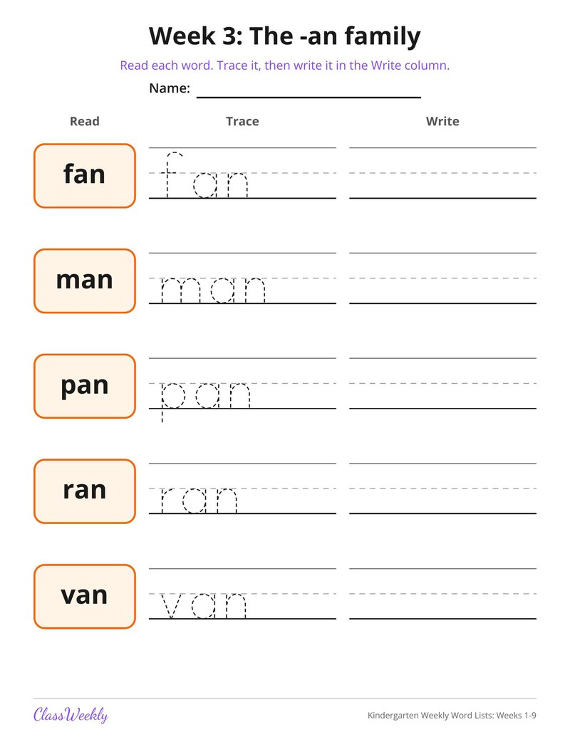 Kindergarten Weekly Word Lists: Weeks 1-9