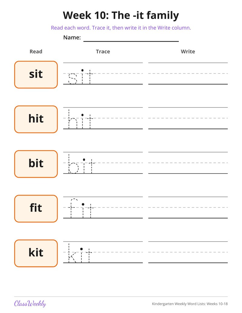 Kindergarten Weekly Word Lists: Weeks 10-18 - Page 2