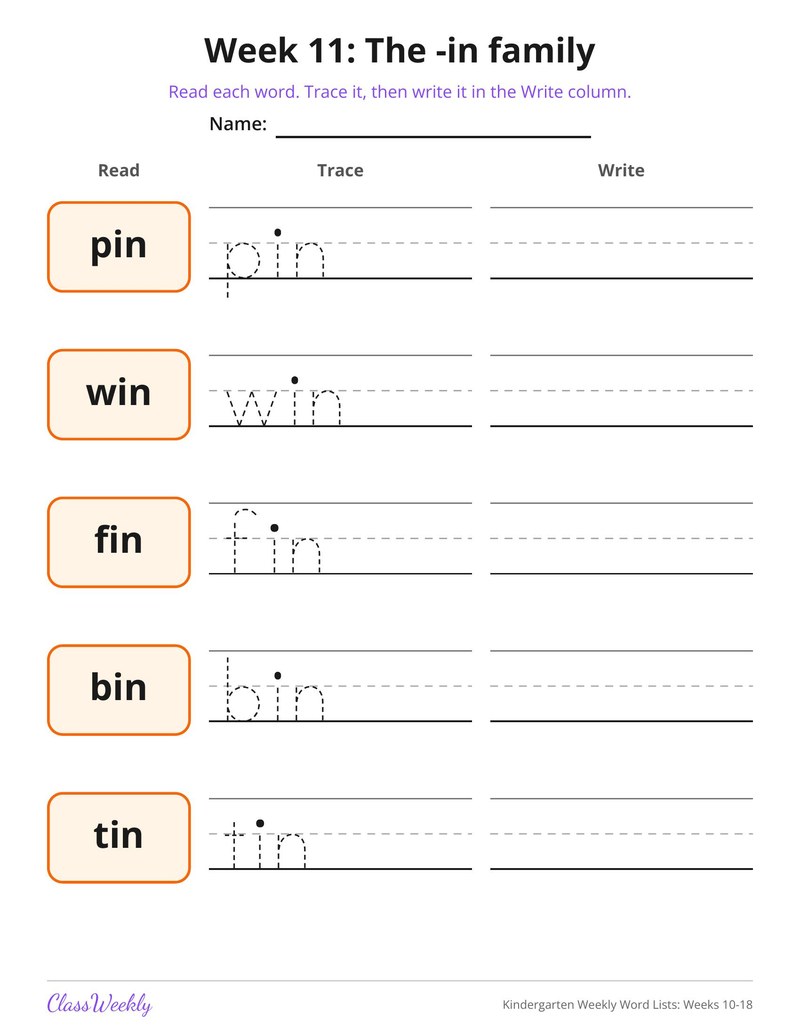 Kindergarten Weekly Word Lists: Weeks 10-18 - Page 3