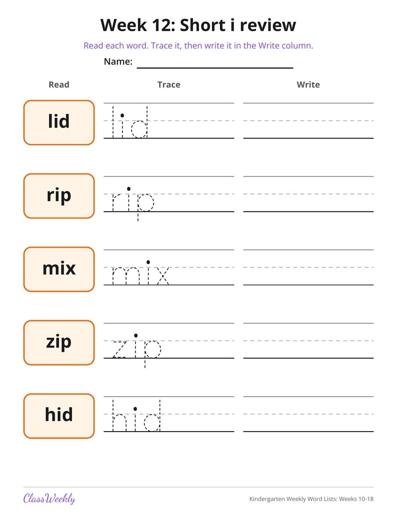 Kindergarten Weekly Word Lists: Weeks 10-18 - Page 4